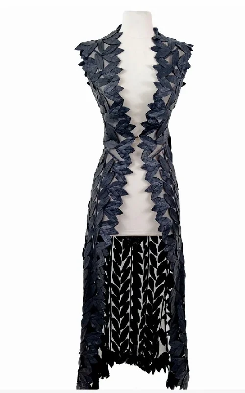 Classic Blazers Belgin Francis Classic Leaf Design Leather Maxi Vest - BLACK