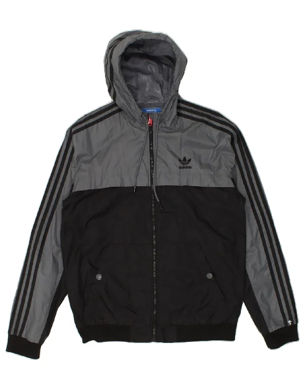 Street Style ADIDAS Mens Hooded Rain Jacket UK 38 Medium Black Colourblock Nylon