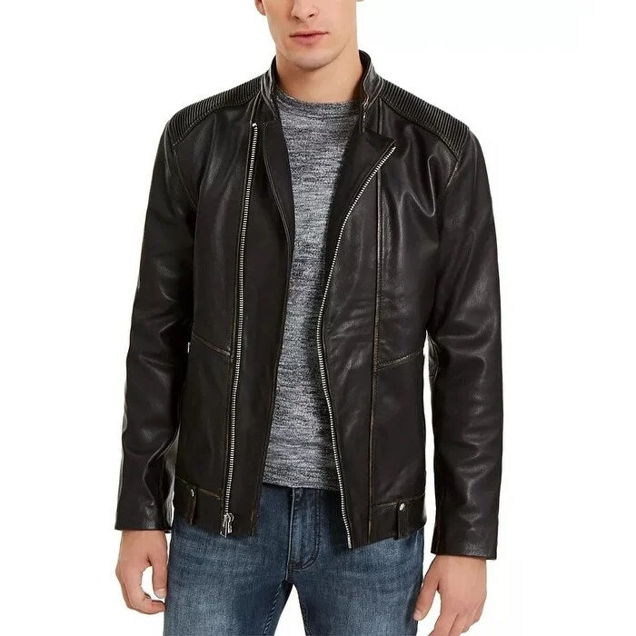 Cool Hoodies INC International Concepts Men's Leather Moto Jacket Black Size Extra Large - X-LARGE