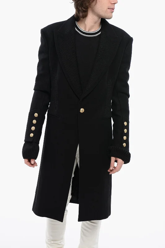 Knit Sweaters Balmain Virgin Wool Blend Coat With Ribbed Knitted Details