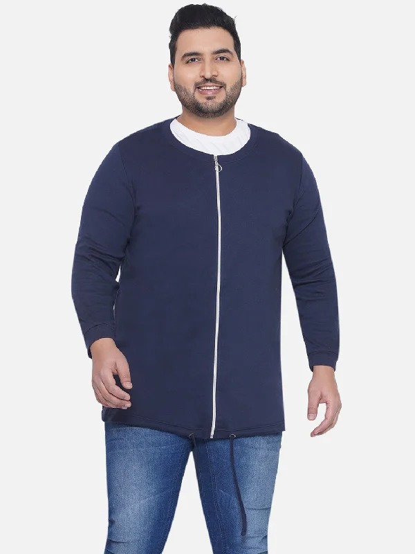 Casual Coats bpc - Plus Size Men's Regular Fit Navy Blue Solid Full Sleeve Casual Sweatshirt