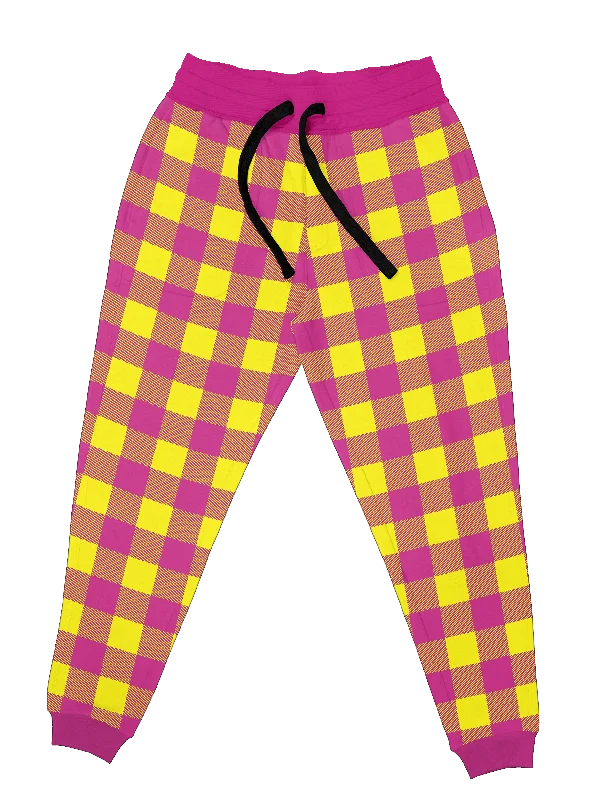 Casual Trousers Neon Yellow & Pink Plaid Unisex Joggers