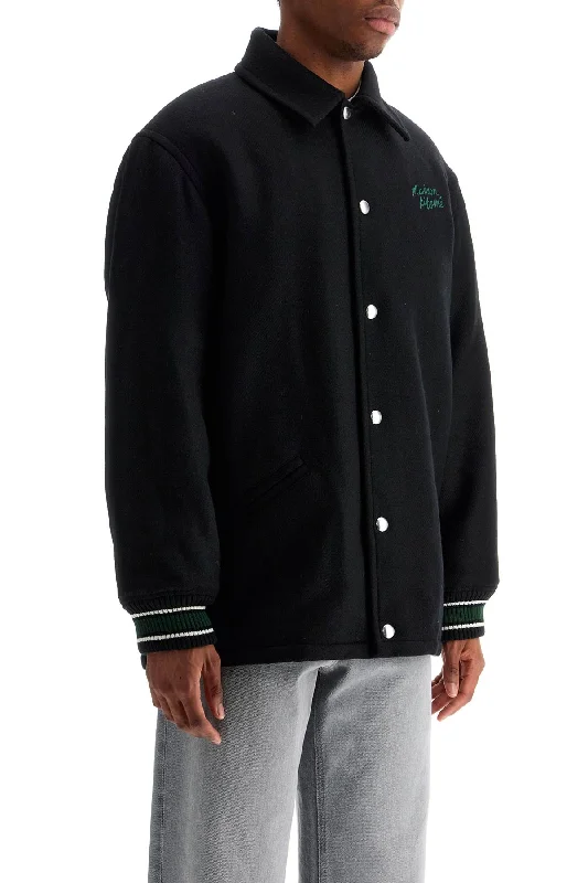 Street Jackets Maison Kitsune Black Wool Varsity Jacket With Embroidery