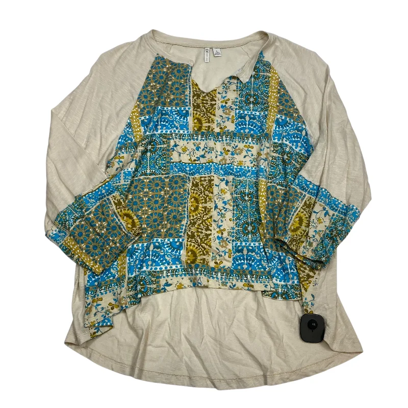 Statement Shirts Top Long Sleeve By Cato In Blue & Cream, Size: L