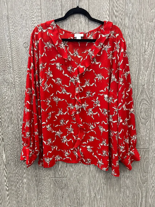 Relaxed Shirts Top Long Sleeve By Liz Claiborne In Red & White, Size: 3x