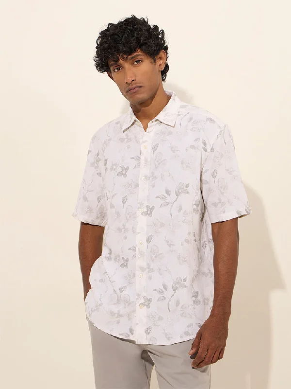 Slim Fit Suits Ascot Off-White Printed Relaxed-Fit Shirt