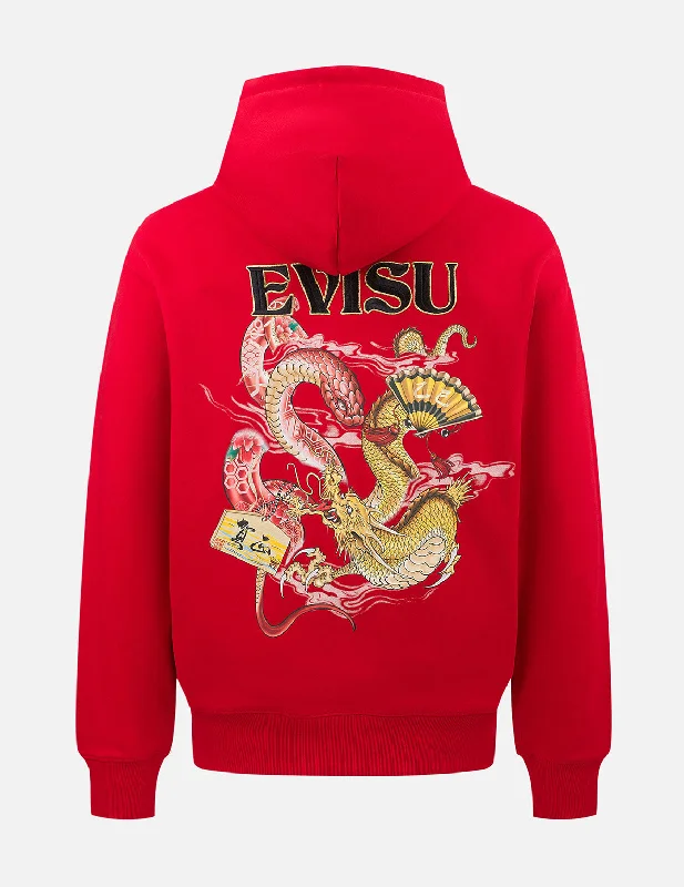 Vintage Fashion Soaring Snake and Dragon Print Relax Fit Hoodie - Red