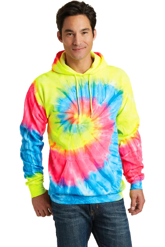 Stylish Scarves Port & Company Mens Tie-Dye Fleece Hooded Sweatshirt Hoodie w/ Pouch Pocket - Neon Rainbow