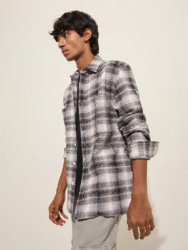 Casual Coats Nuon Dark Grey Checks Printed Relaxed-Fit Cotton Shirt