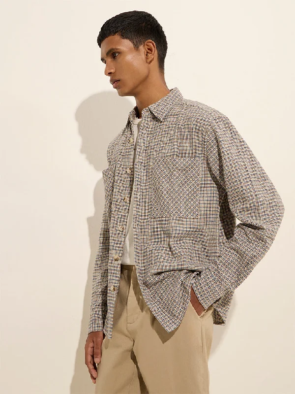 Street Casual Nuon Beige Checks Design Relaxed-Fit Cotton Shirt