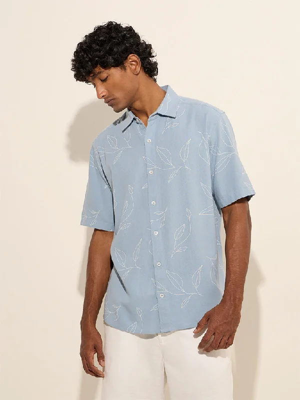 Monochrome Style Ascot Light Blue Printed Relaxed-Fit Shirt