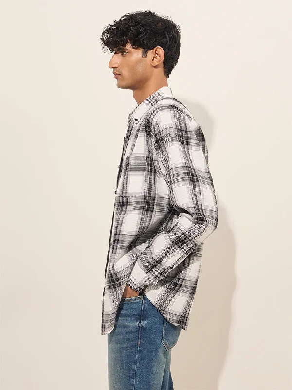 Office Attire WES Casuals White Checks Design Relaxed-Fit Cotton Shirt