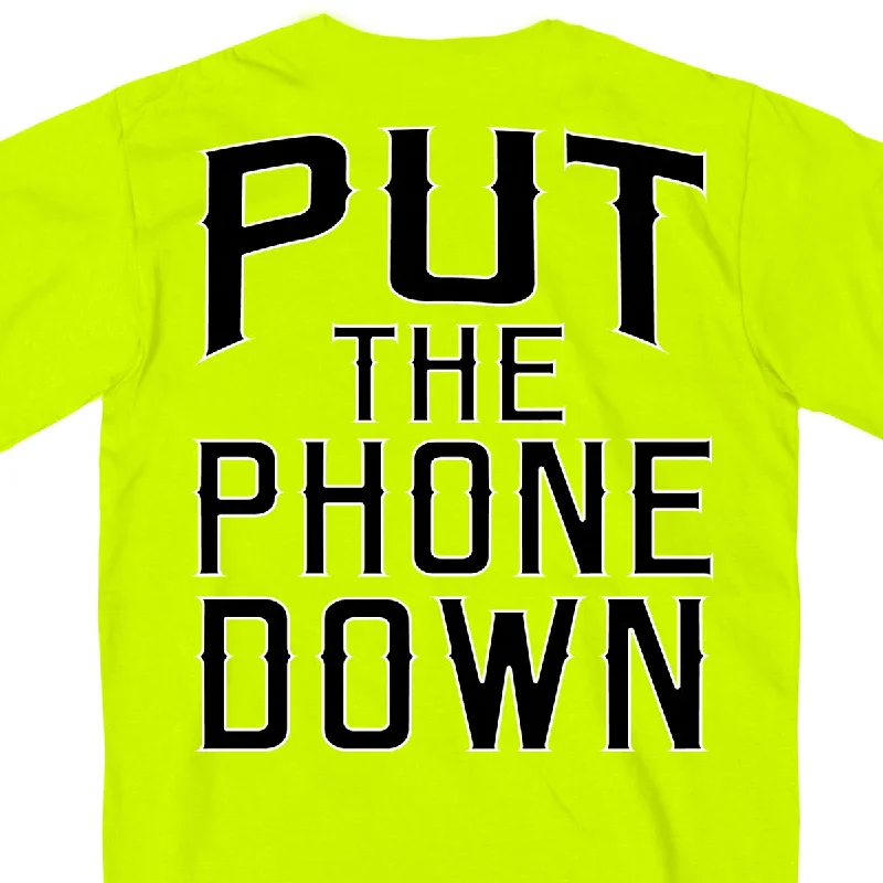 Preppy Style Hot Leathers GMD1410 Mens 'Put The Phone Down' Safety Green T-Shirt