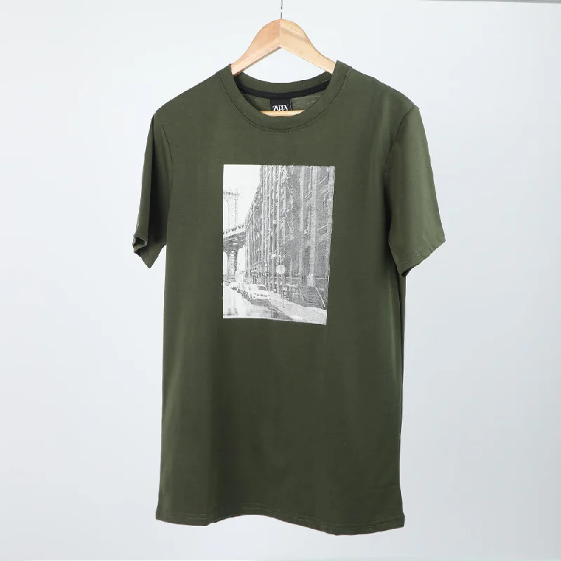 Vintage Fashion Men's Half Sleeves Printed T-Shirt - Dark Green