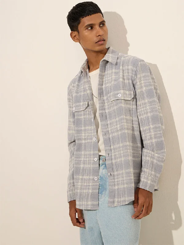 Printed Shirts Nuon Light Grey Checkered Relaxed-Fit Cotton Shirt