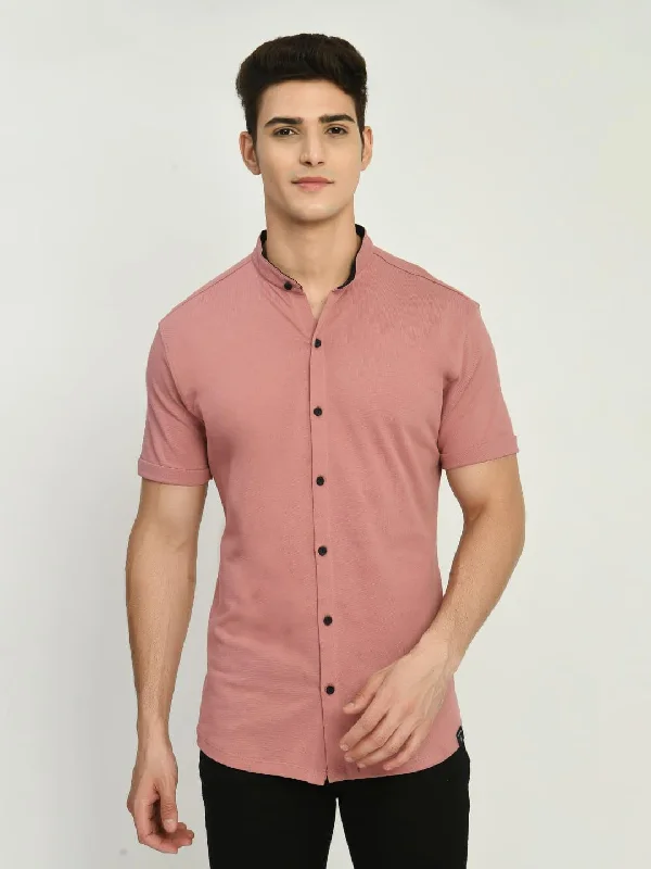 Stylish Hats Men's Solid Dark PInk Mandarin Collar Shirt