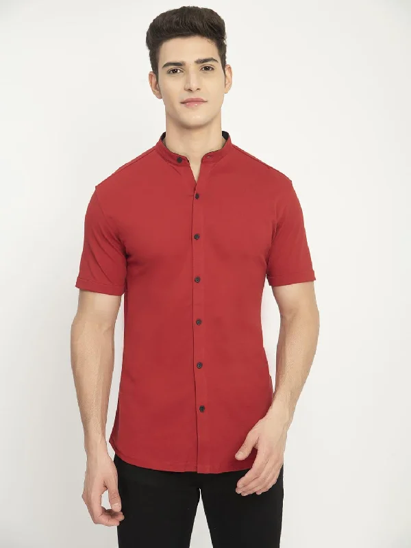 Urban Sneakers Men's Solid Mandarin Collar Short Sleeve Shirt