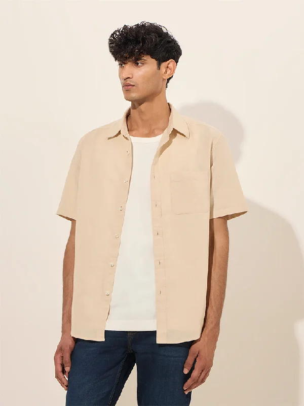 Sports Jackets WES Casuals Beige Solid Relaxed-Fit Cotton-Blend Shirt