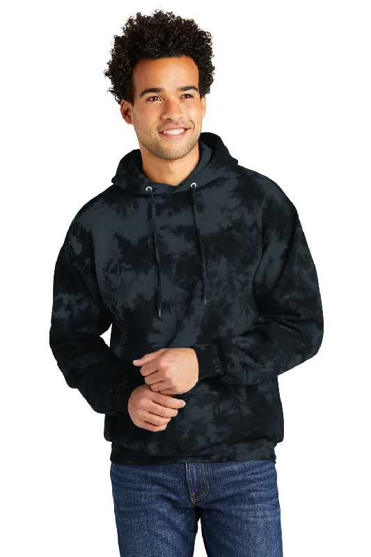 Business Casual Port & Company Mens Crystal Tie-Dye Hooded Sweatshirt Hoodie w/ Pouch Pocket - Black