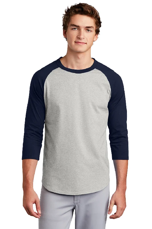 Chinos Style Sport-Tek Mens 3/4 Sleeve Crewneck T-Shirt - Heather Grey/Navy Blue