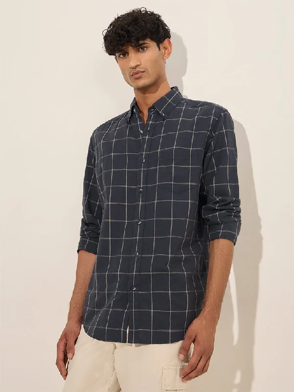 Classic Hoodies WES Casuals Navy Checkered Relaxed-Fit Cotton Shirt