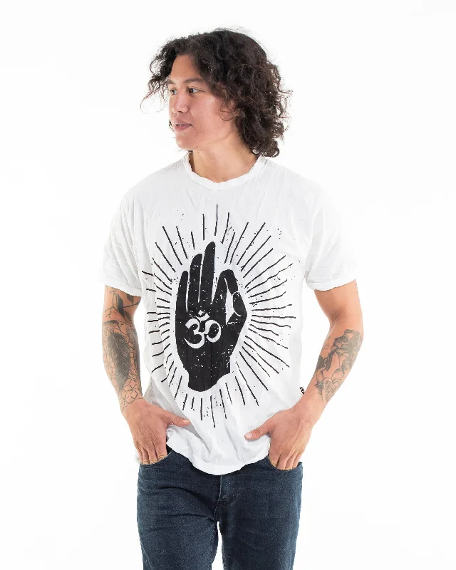 Relaxed Shirts Mens Hand of Om T-Shirt in White