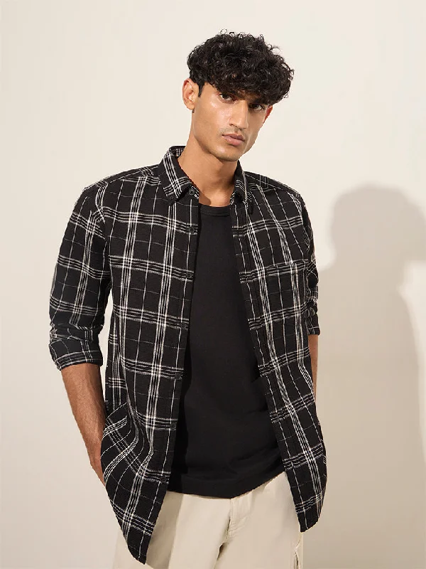 Designer Outerwear WES Casuals Black Checkered Relaxed-Fit Cotton Shirt