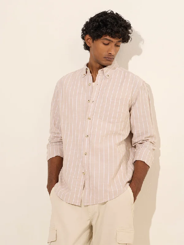 Casual Jackets WES Casuals Beige Striped Relaxed-Fit Cotton-Blend Shirt