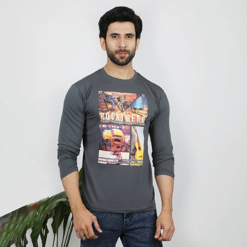 Activewear Gear Men's Full Sleeves Printed T-Shirt - Grey