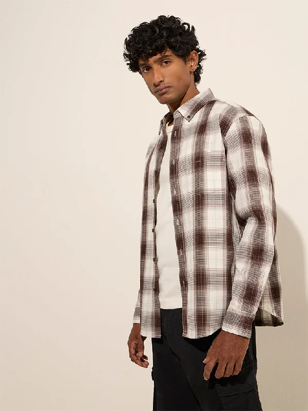 Casual Footwear WES Casuals Brown Checks Printed Relaxed-Fit Cotton Shirt