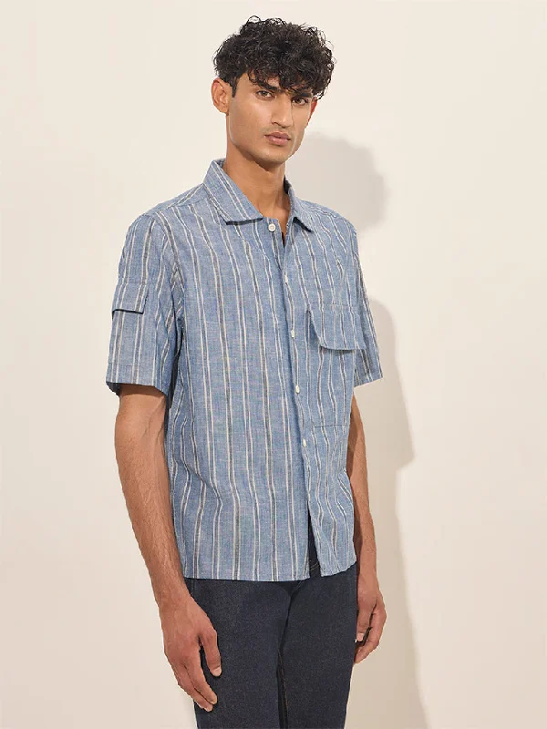 Button-up Shirts WES Casuals Blue Striped Relaxed-Fit Cotton Shirt