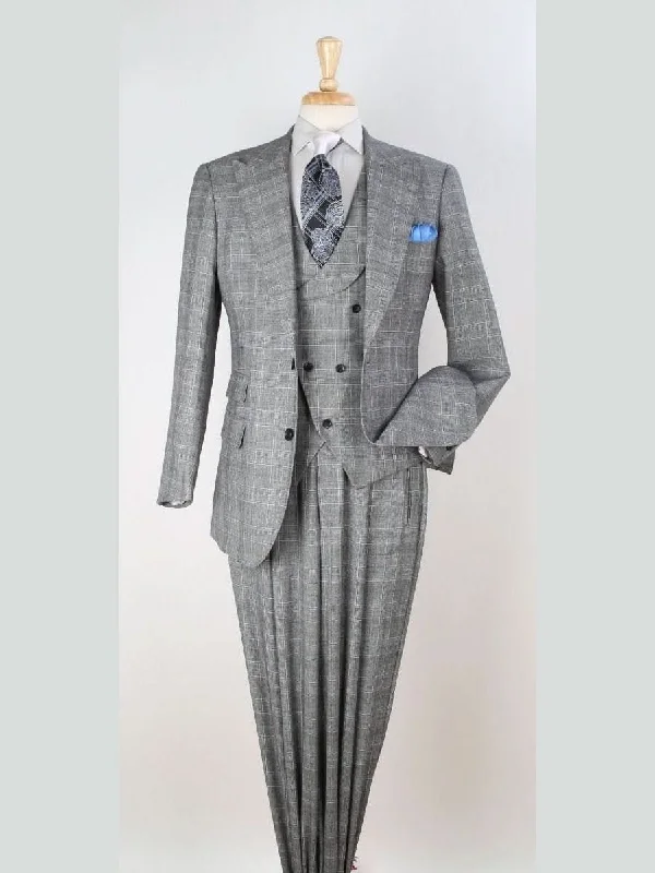 Relaxed Shirts Apollo King Mens Classic Fit Gray Plaid 3 Piece 100% Wool Suit With Peak Lapels