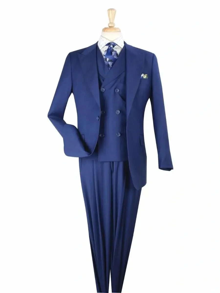 Printed Trousers Apollo King Solid Blue 100% Wool Classic Fit 3 Piece Pleated Suit with Peak Lapels