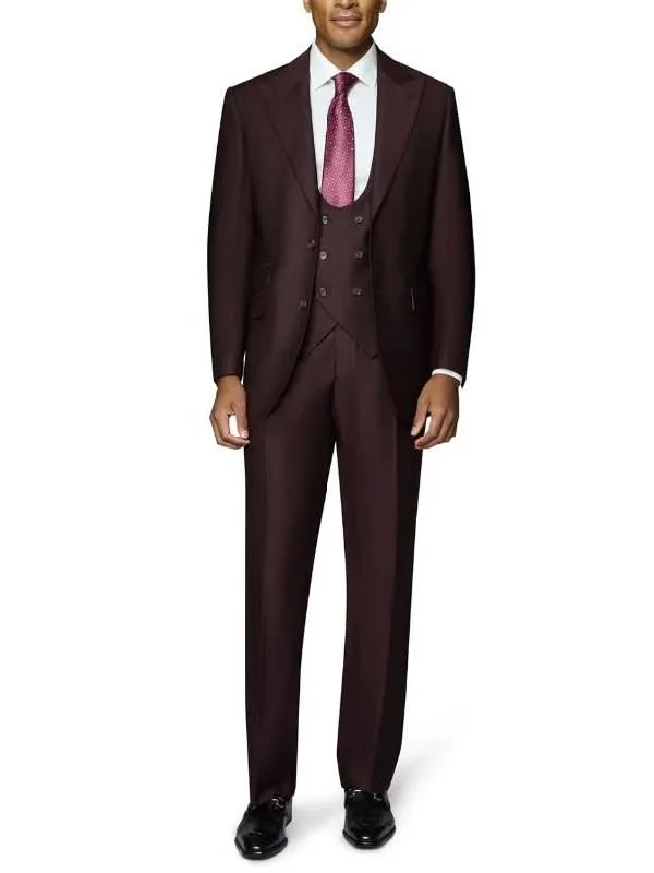 Minimalist Fashion Beragamo Elegant Mens Burgundy 100% Wool Classic Fit Vested Suit with Peak Lapel