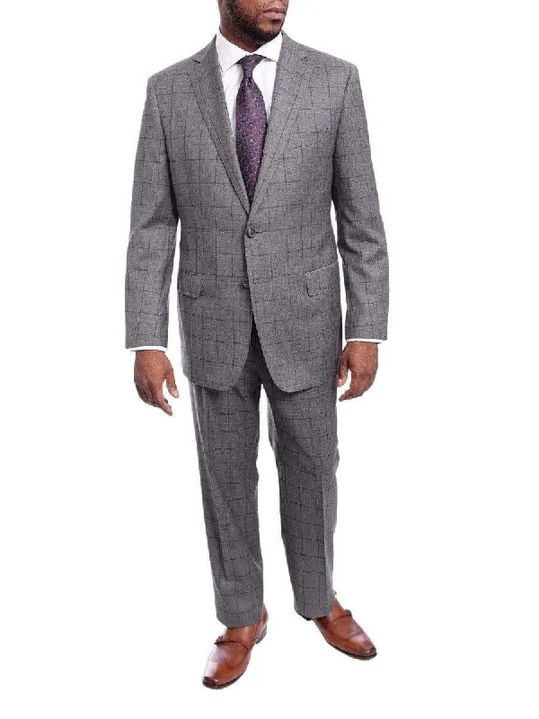 Trendy Blazers Blujacket Classic Fit Gray Plaid Windowpane Half Canvassed Guabello Wool Suit