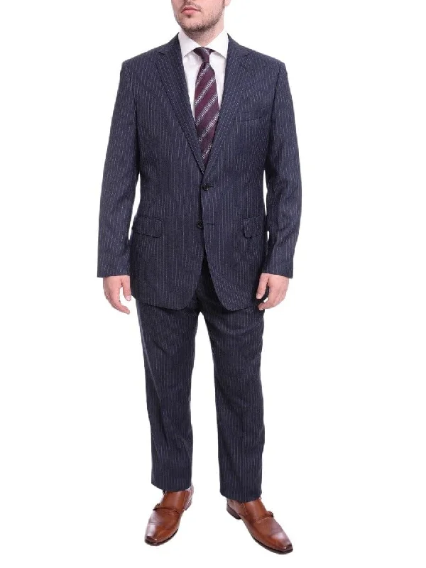 Street Jackets Blujacket Classic Fit Navy Blue Chalkstripe Two Button Half Canvassed Wool Suit