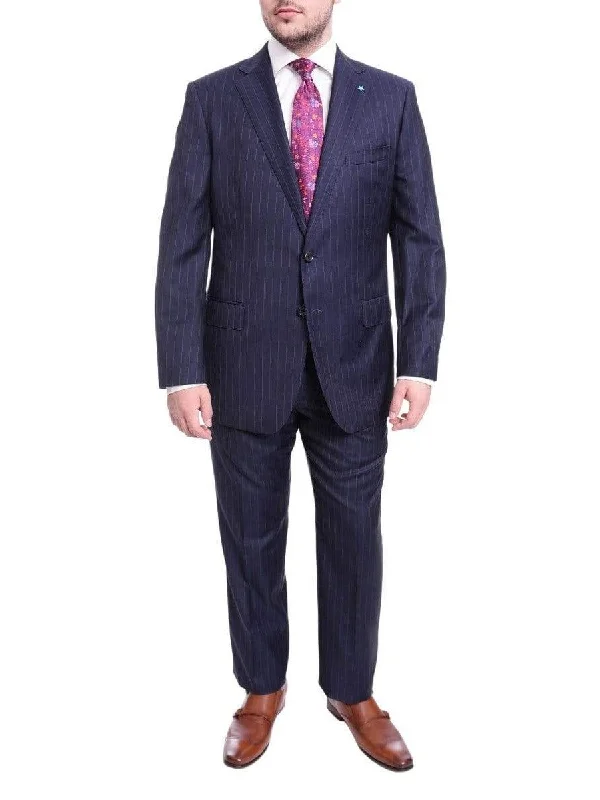 Designer Belts Blujacket Classic Fit Navy Blue Pinstriped Two Button Half Canvassed Wool Suit