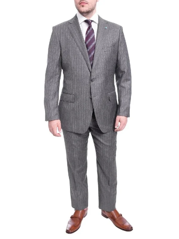 Printed Sweatshirts Blujacket Slim Fit Gray Pinstriped Two Button Half Canvassed Wool Suit