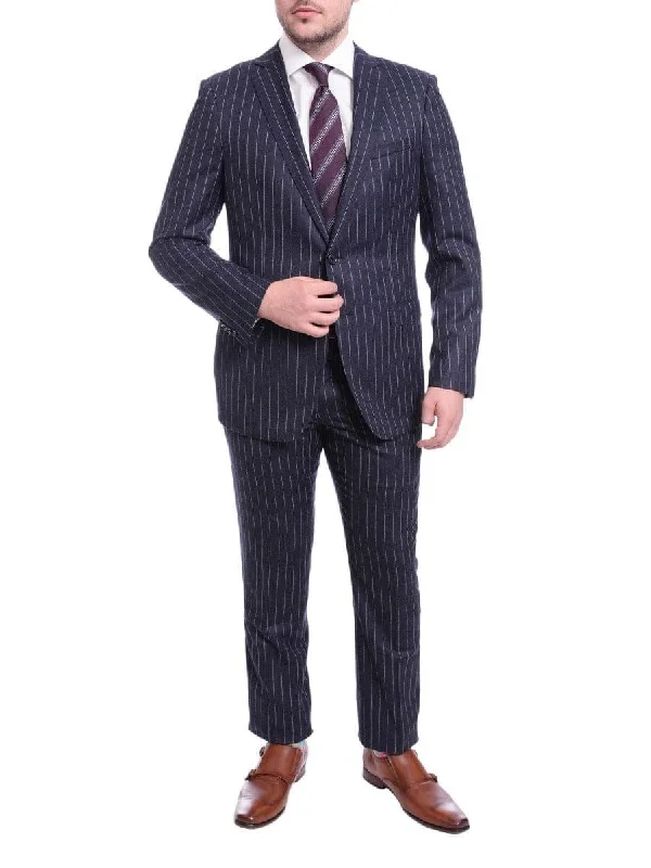 Casual Coats Blujacket Slim Fit Navy Chalk Stripe Two Button Half Canvassed Vbc Wool Suit