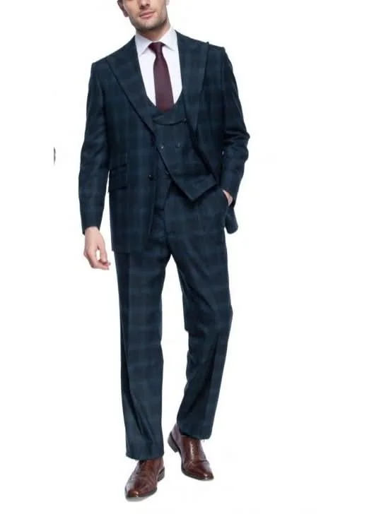 Cool Jackets Canuti By Steven Land Mens Navy Blue Plaid 3 Piece Suit With Peak Lapels