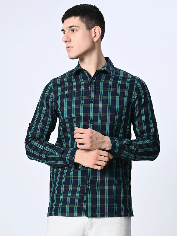 Leather Sneakers Green Checks Full Sleeve Shirt