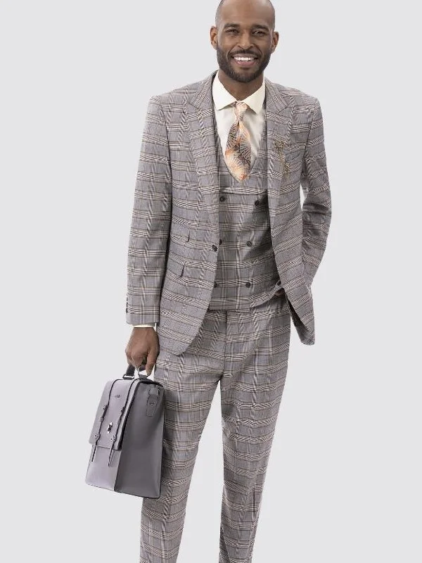 Business Attire Kent & Park Men's Gray & Gold Plaid Classic Fit Three Piece Suit with Peak Lapels