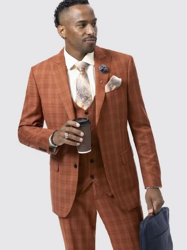 Polo Shirts Kent & Park Mens Rust Orange Plaid Classic Fit 3 Piece Suit With Peak Lapels