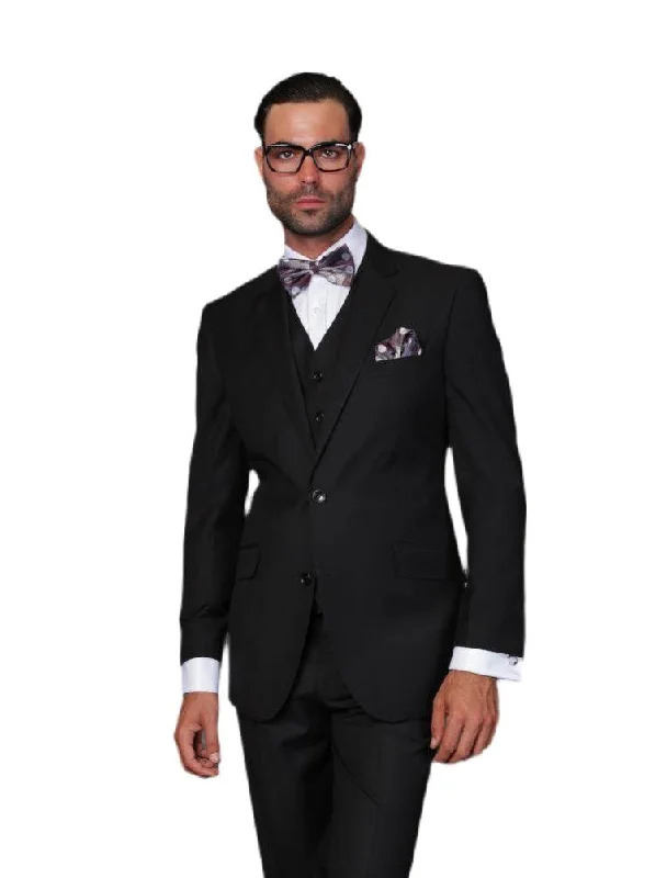 Smart Casual Men's 3 Piece Tailored Fit Wool Suit by Statement Color Black