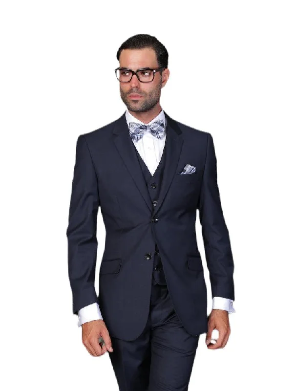 Cool Jackets Men's 3 Piece Tailored Fit Wool Suit by Statement-Navy