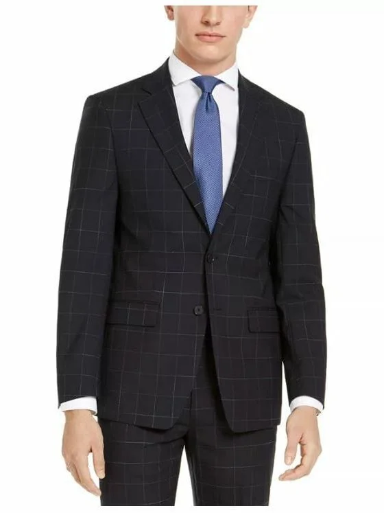 Monochrome Style Men's Calvin Klein Navy Blue Windowpane Slim Fit Wool Suit