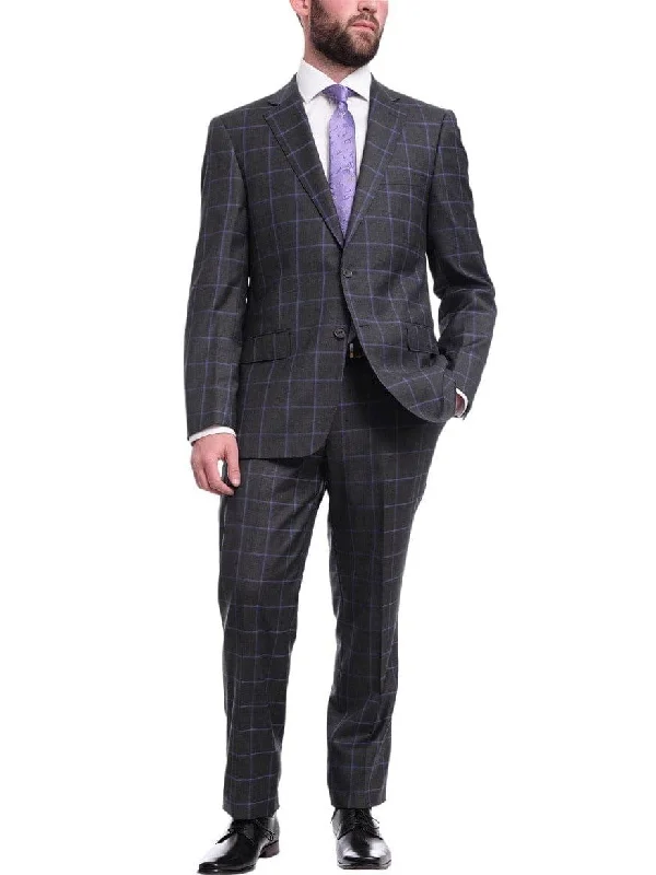 Urban Style Mens Classic Fit Gray With Purple Windowpane Two Button Wool Suit