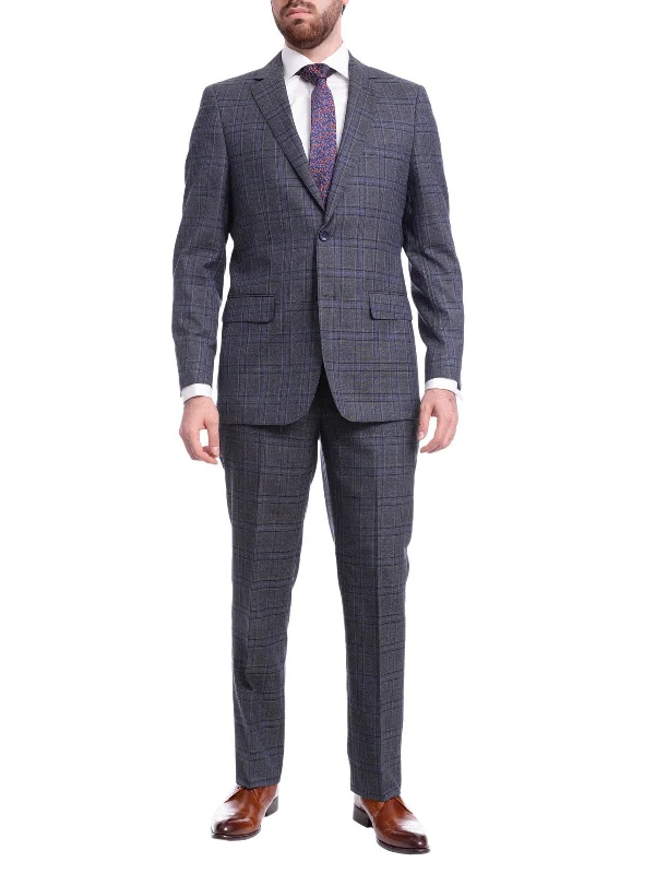 Sporty Blazers Men's Classic Fit Medium Blue Plaid Two Button Wool Suit