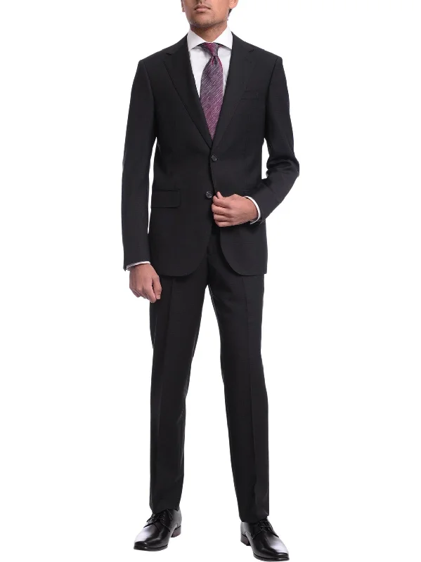 Warm Cardigans Men's Napoli Slim Fit Black Textured Half Canvassed Two Button Reda Wool Suit