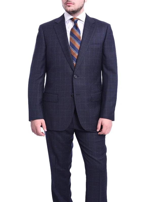 Business Casual Napoli Classic Fit Blue Windowpane Plaid Half Canvassed Super 150s Wool Suit